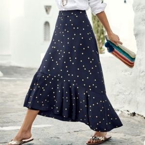 BODEN | Navy & Gold Polka Dot Ruffle Maxi Skirt